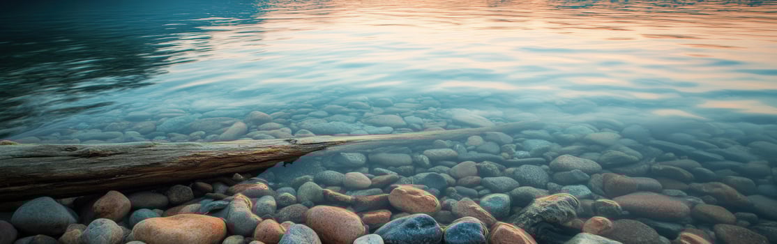 Clear lake water revealing colorful pebbles at sunset near the shore photo