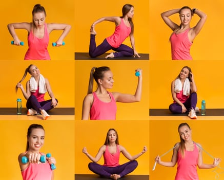 A passionate individual showcases different workout routines in a bright, cheerful setting, highlighting strength training and flexibility with dumbbells and stretches. photo