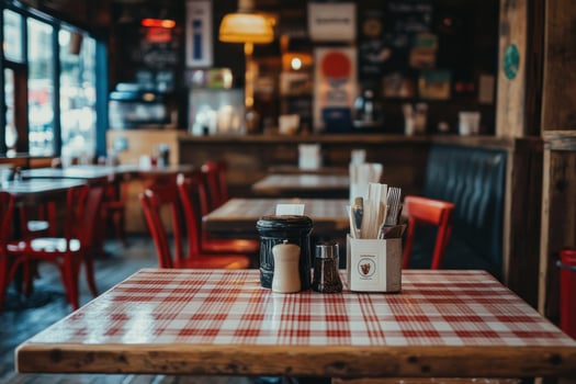 Empty table with checkered tablecloth in a cozy restaurant. photo