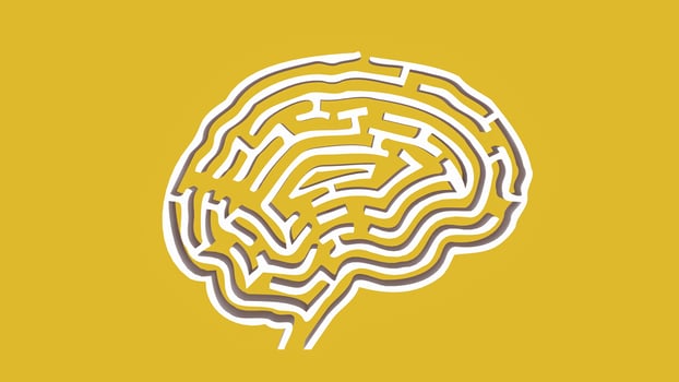 The White Brain maze on Yellow background for sci or creative concept 3d rendering. photo