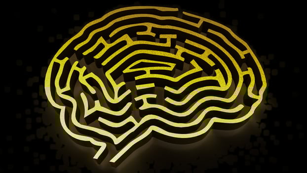 The Gold Brain maze on Black background for sci or creative concept 3d rendering. photo