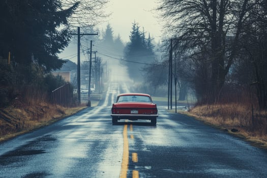 A red classic car drives down a foggy, rural road. photo
