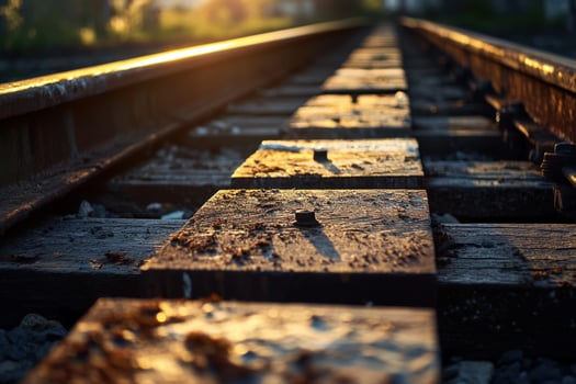 Close-up view of railroad tracks with sunlight shining on weathered wooden ties. photo
