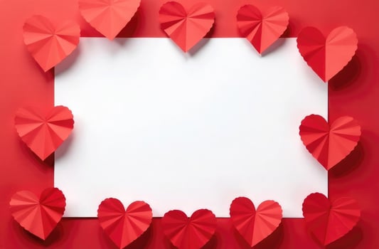 Valentine's Day mockup with red paper hearts on a red background and a blank white sheet in the center for romantic messages or greetings. DIY love card template for heartfelt expressions photo