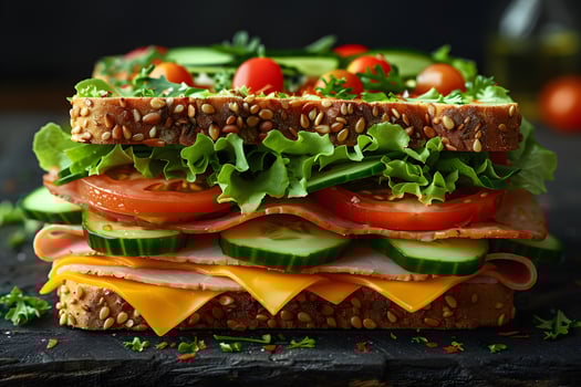 Gourmet Club Sandwich with Fresh Vegetables on Whole Grain Bread - Ideal for Food Photography and Menu Design photo