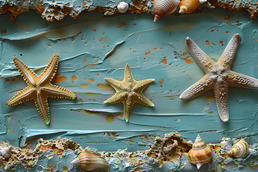 Coastal Decor Design with Starfish and Seashells on Textured Blue Background photo