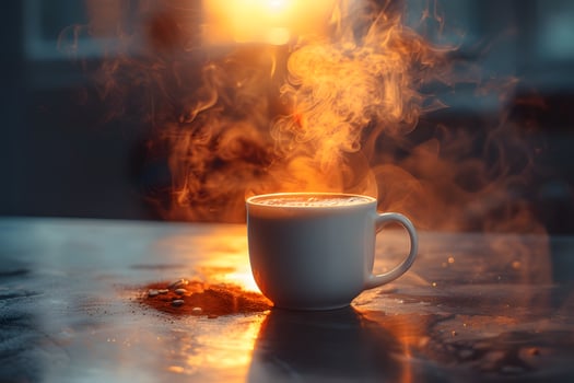 Steaming Hot Coffee Cup at Sunrise for Warm Morning Inspiration and Relaxation photo