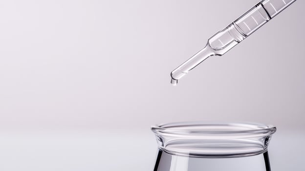 Droplet from pipette falling into glass container, symbolizing precision in laboratory experiments. clean, minimalist design evokes sense of scientific exploration and innovation photo