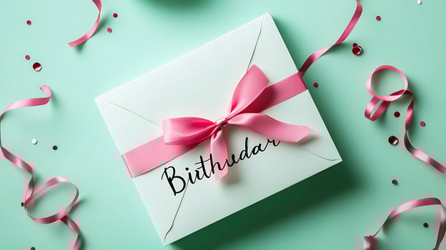 Birthday gift box with pink ribbon and confetti photo