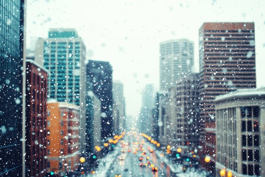 Snowy cityscape view with modern buildings and soft snowfall in urban environment. photo