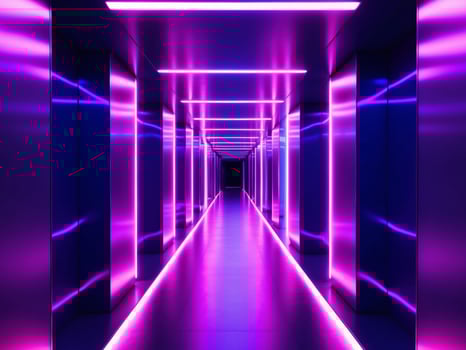 A long hallway with purple lights and neon signs photo