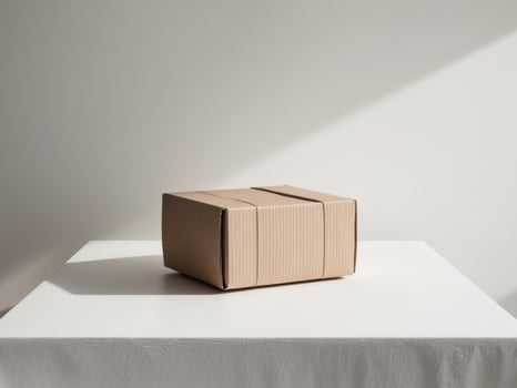A cardboard box sitting on a table in front of a window photo