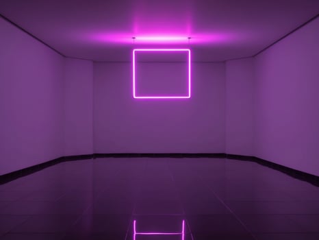 A purple neon light in a room with a square photo