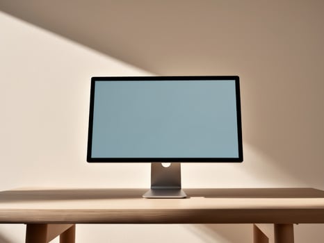 A computer monitor on a wooden table in front of a wall photo