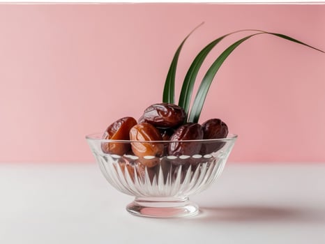Dates in a glass bowl on a pink background photo
