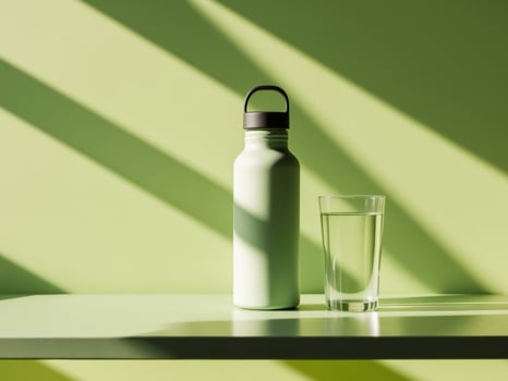 A green water bottle and a glass of water on a table photo