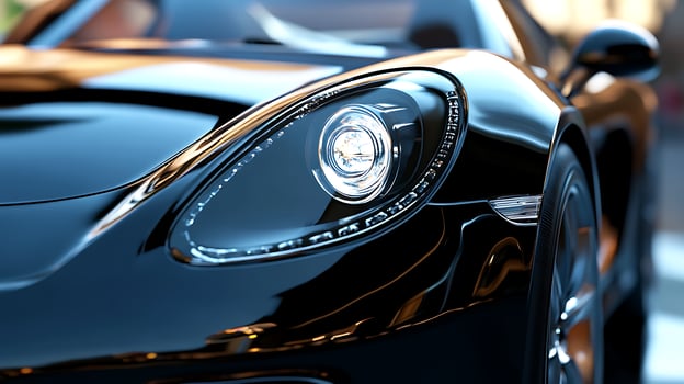 Front-facing angle of a car's LED headlight, gleaming with precision and style photo