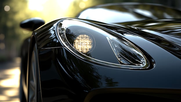Detailed front view of a high-performance car headlight illuminating the road ahead photo