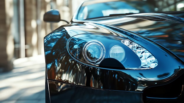 Detailed front view of a high-performance car headlight illuminating the road ahead photo
