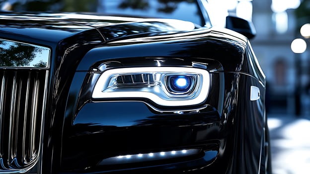Detailed front view of a high-performance car headlight illuminating the road ahead photo