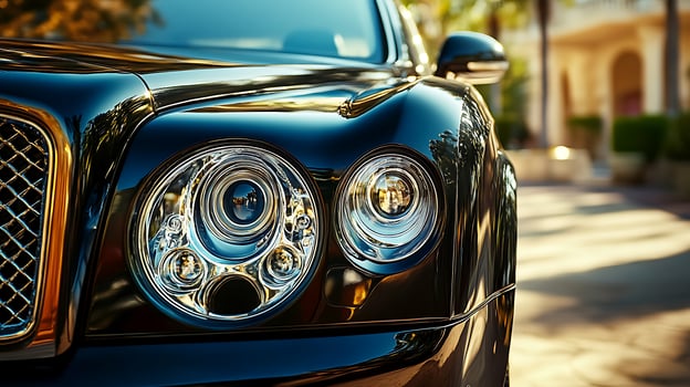 Detailed front view of a high-performance car headlight illuminating the road ahead photo