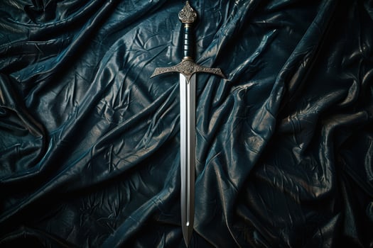Ornate medieval sword on dark fabric backdrop photo