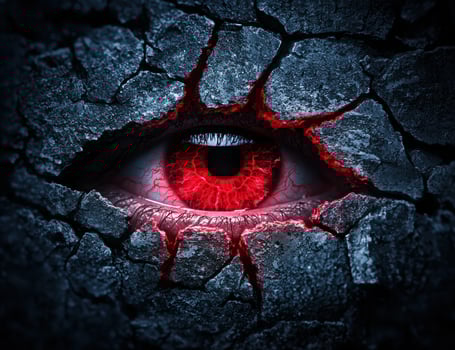 Glowing red eye in cracked stone surface photo