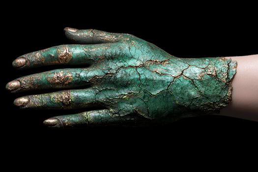 Cracked and weathered bronze hand sculpture photo
