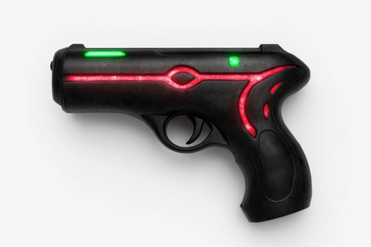 Futuristic sci fi style handgun with glowing red and green lights photo