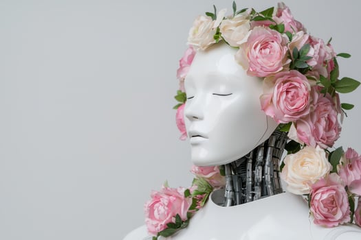 Floral robot head with pink roses photo