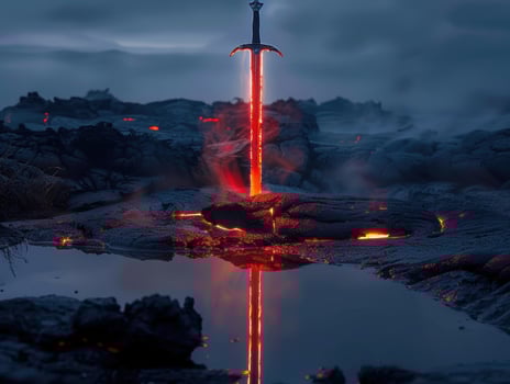 Fiery sword protruding from volcanic landscape photo