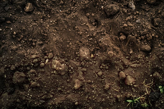 Fertile soil texture with rocks and plants photo