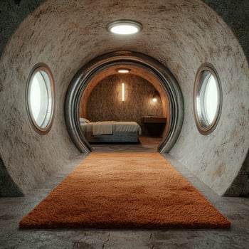 Cozy underground bedroom with arched windows and plush carpet photo