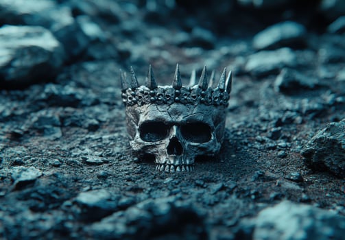 Spooky skull with spiked crown on dark background photo