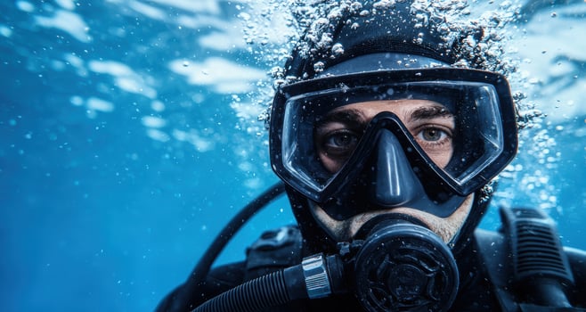 Underwater diver exploring the deep blue sea photo