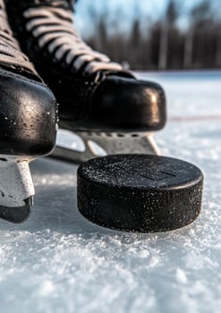 Hockey puck on ice with skate photo