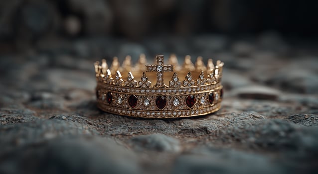Ornate golden crown with gemstones on a textured surface photo