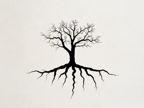 Silhouette of a bare tree with extensive roots photo
