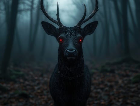 Mystical dark deer with glowing red eyes in a spooky forest photo