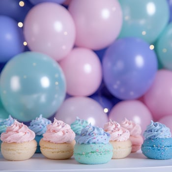 Colorful birthday party decorations with cupcakes photo