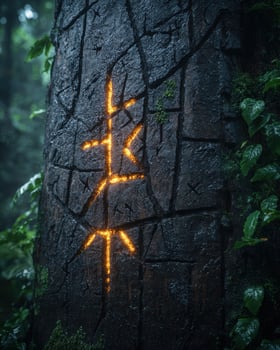 Glowing cross carved into dark stone in forest photo