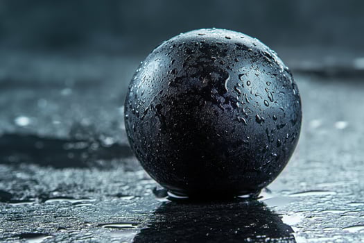 Wet black sphere reflecting in water photo