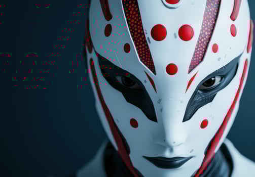 Futuristic robotic face with red and white patterns photo