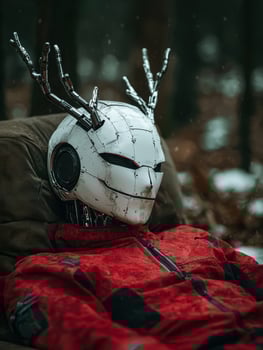 Futuristic Soldier Helmet in Snowy Forest photo