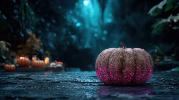 Glowing pumpkin in dark forest photo