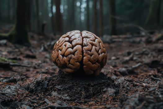 Close up of a human brain model in a forest setting photo