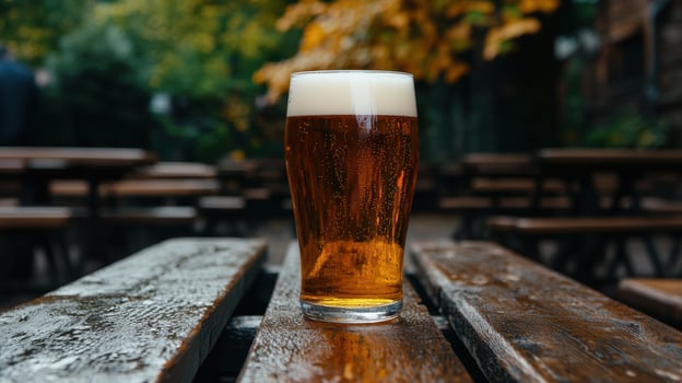 refreshing beer on wooden table in autumn photo