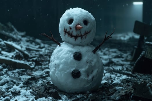 Creepy snowman with a sinister expression in the snow photo