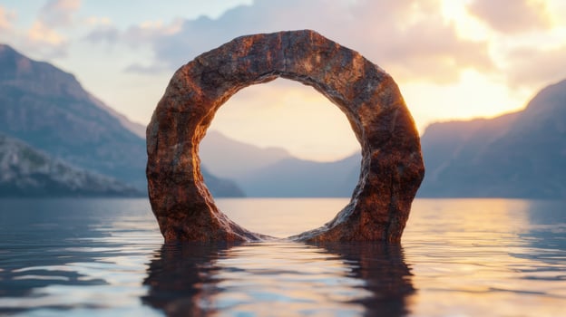 Majestic stone arch in serene lake at sunset photo