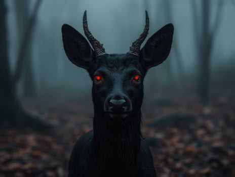 Mysterious black deer with glowing red eyes photo